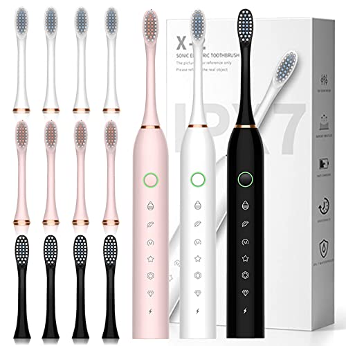 3 Pack Electric Toothbrush with 12 Brush Heads, 6 Modes 42000vpm, IPX7 Waterproof, Sonic Electric Toothbrush for Adults and Kids Pink+White+Black