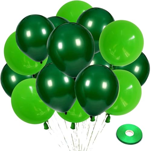 Zesliwy 100 Pack Green Latex Balloons, 12 inch Dark Green Balloons And Light Green Balloons with Green Ribbon for Jungle Safari Theme Birthday Party Baby Shower St. Patrick's Day Party