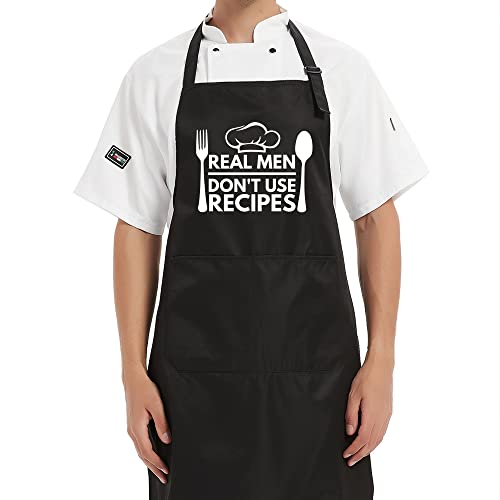 DYJYBMY Real Men Don't Use Recipes Funny BBQ Apron for Men Women, Black Adjustable Waterproof Cooking Grilling Apron Gift for Dad Mom Husband Wife, Gifts for Birthday, Christmas, Thanksgiving