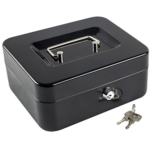 KYODOLED Medium Cash Box with Money Tray,Small Safe with Key,7.87'x 6.30'x 3.54' Black