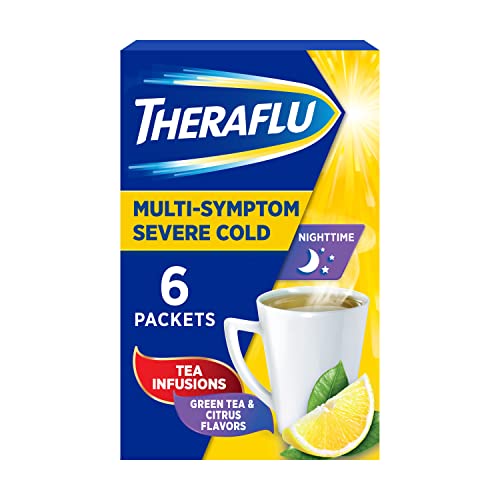 Theraflu Nighttime Multi-Symptom Severe Cold Hot Liquid Powder Green Tea and Citrus Flavors 6 Count Box (Packaging May Vary)