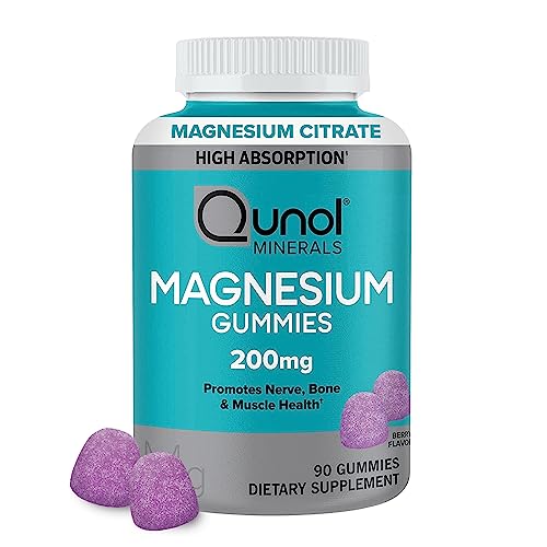 Qunol Magnesium Gummies for Adults, 200mg Magnesium Citrate High Absorption Supplement, Supports Nerve/Bone Health, Muscle Health, Vegetarian, 90 Count (pack of 1)