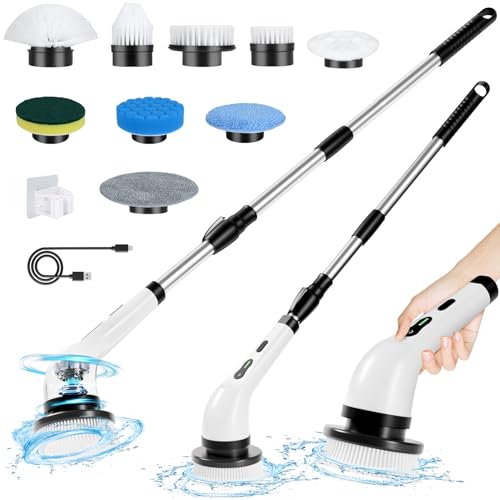 Yorraka Electric Spin Scrubber Cordless, Electric Scrubber for Cleaning Bathroom with Long Handle, Electric Shower Scrubber, Power Cleaning Brush with 9 Brush Heads for Bathtub Tile Floor Car