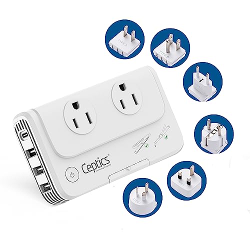 Ceptics Travel Voltage Converter -200W Convert 220V to 110V for Curling Iron,Straightener, Charger Step Down World Power Plug - 4 USB w/PD 18W Fast Charging - SWadApt - Type A, B, C, E/F, G, I Include