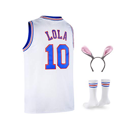 Lola #10 Bunny Space Mens Movie Jersey Looney Basketball Jersey Halloween Costumes Set with Bunny Head Hoop & Socks White M