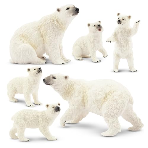 Toymany 6PCS Polar Bear Figurines Toy with Polar Bear Cub, 2-4' Realistic Plastic Arctic Animals Figures Family Set for Christmas Educational Toys Cake Toppers Birthday Gift for Kids