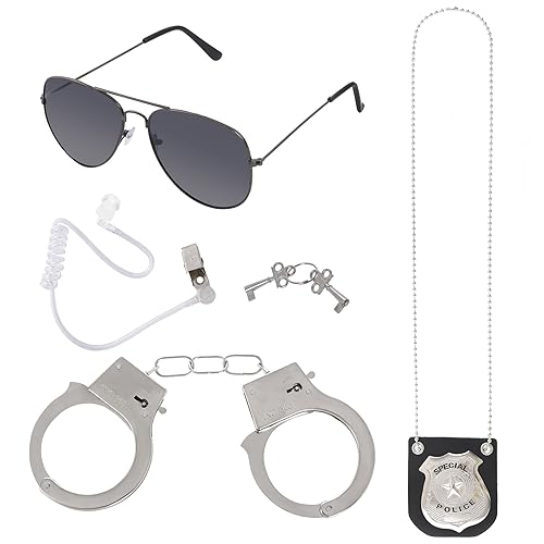 4 Pcs Detective Costume Accessories Set, Detective Role Play Dress Up, Detective Cosplay Prop, Spy Agent Costume Accessories - Sunglasses, Ear Piece, Badge, and Handcuffs Black