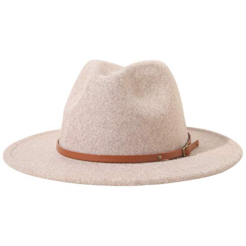 Lanzom Women Lady Classic Wool Fedora Hat with Belt Buckle Felt Wide Brim Panama Hat (Style A-Beige, One Size)