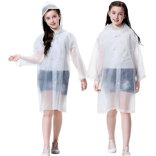 Cosowe Rain Ponchos for Kids, Reusable Raincoats for Boys Girls, 2 Packs Clear Emergency Rain Jacket with Hood for Disney Outdoor, White