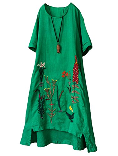 Minibee Women's Embroidered Linen Dress Summer A-Line Sundress Hi Low Tunic Clothing Green XL