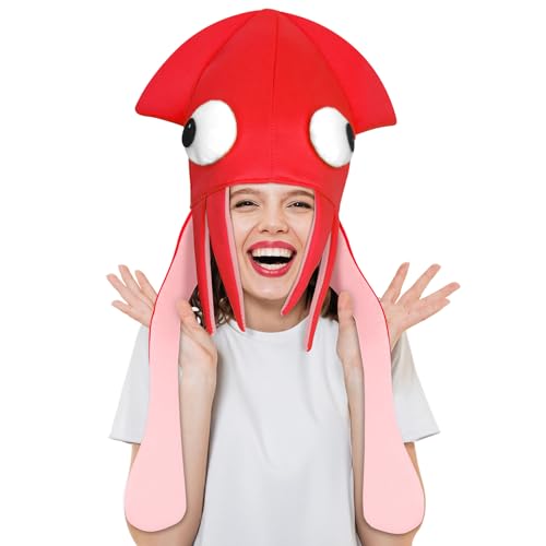 COZYMATE Funny Hats for Adults Squid Octopus Hat for Halloween Christmas Food Costume Party Supplies (Squid, Red)