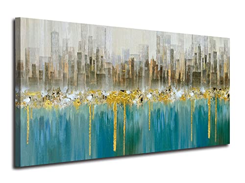 Ardemy Teal Abstract Cityscape Canvas Wall Art Modern Skyline Gold Textured Painting, Grey Buildings Large Size 40'x20' Picture Turquoise Artwork Framed for Living Room Bedroom Home Office Wall Decor