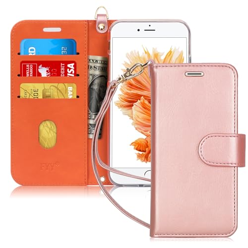 FYY Case for iPhone 6 Plus/6s Plus, PU Leather Wallet Phone Case with Card Holder Flip Protective Cover [Kickstand Feature] [Wrist Strap] for Apple iPhone 6 Plus/6s Plus 5.5' Rose Gold
