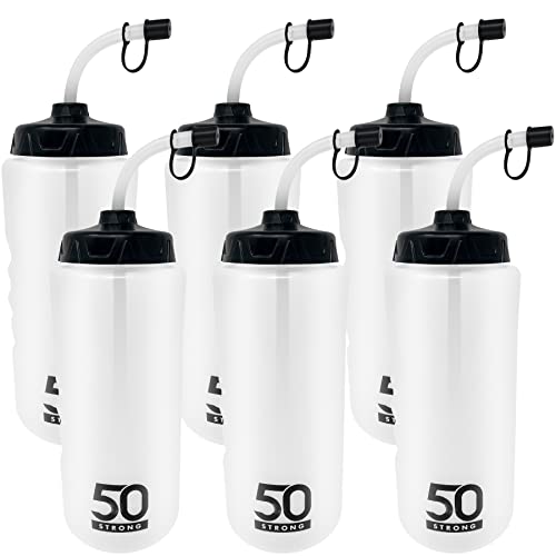 50 Strong 1 Liter BPA-Free Plastic Round Sports Water Bottle with Straw - 6 Pack