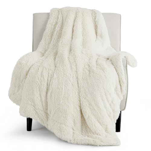 Bedsure Faux Fur Cream Throw Blanket – Fuzzy, Fluffy, and Shaggy Cream Blankets, Soft and Thick Sherpa, Cozy Warm Decorative Gift, Throw Blankets for Couch, Sofa, Bed, 50x60 Inches, 640 GSM