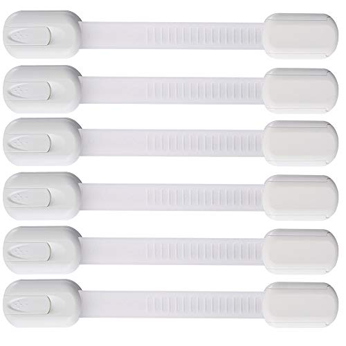 6 Pack Vmaisi Multi-Use Adhesive Straps Locks - Childproofing Baby Proofing Cabinet Latches for Drawers, Fridge, Dishwasher, Toilet Seat, Cupboard, Oven,Trash Can, No Drilling (White) (6)
