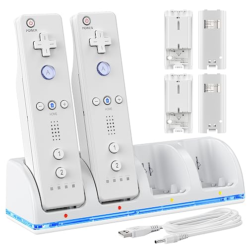 4 Ports Controller Charger for Wii/Wii U Remotes, Controller Charger Dock Station with 4 Pack 2800mAh Rechargeable Battery and 39 Inches Charging Cable, Not Included Remote and Adapter