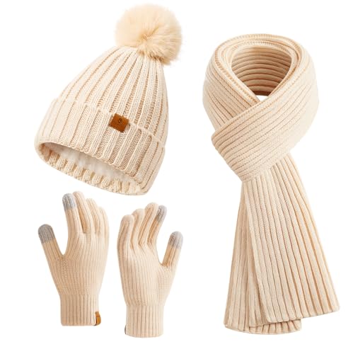 Coolprince Winter Beanie Hat with Fleece Lined and Pom Pom for Women - Long Touchscreen Gloves and Neck Warmer Set in Apricot