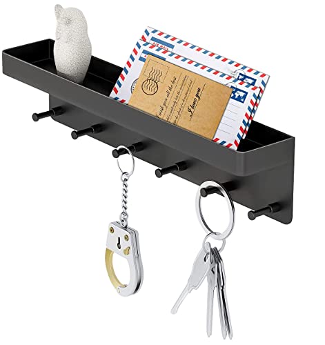 MKO Decorative Wall Mounted Mail Organizer and Key Holder with Tray - 6 Stainless Steel Key Hooks for Hallway Kitchen Farmhouse Decor (Black)