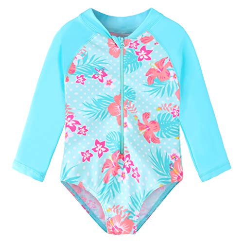 HUAANIUE Baby/Toddler Girl Swimsuit Rashguard Swimwear Long Sleeve One-Piece Flower 3-4 T Cyan