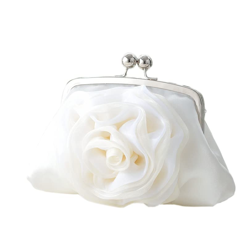 Women Floral Clutch Purses Wedding Flower Evening Handbag with Detachable Chain Strap Party Prom Bags (White)