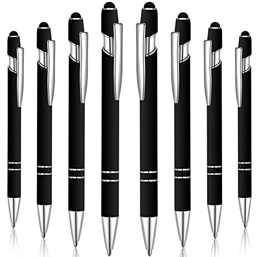 8 Pieces Ballpoint Pen with Stylus Tip Black Ink 2 in 1 Stylus Metal 1.0 mm Medium Point Smooth Pen Rainbow Colorful Rubberized Ballpoint Pen for Touch Screen Tablet (Black)
