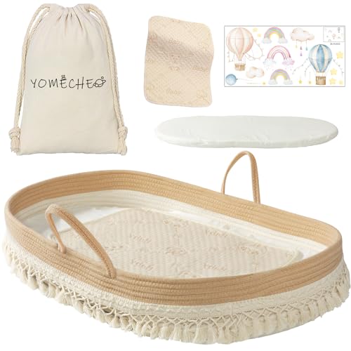 YOMECHEO Baby Changing Basket, Diaper Changing Basket for Baby, Changing Basket for Baby Dresser, Moses Basket for Babies with Extra Foam Cushion, Waterproof Changing Mat, Storage Bag & Stickers