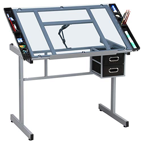 Yaheetech Drawing Desk Adjustable Glass Drafting Study Table For Diamond/Versatile Art Craft Station w/ 2 Slide Rolling Wheels and Drawers for Artist Painters Home Office
