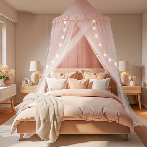 Large Bed Canopy with Star Lights, Double Layer Canopy for Bed, Princess Play Tent for Girls Room, Breathable Canopy Bed Curtain for Children Reading Nook, Machine Washable Canopy, 40''x106''
