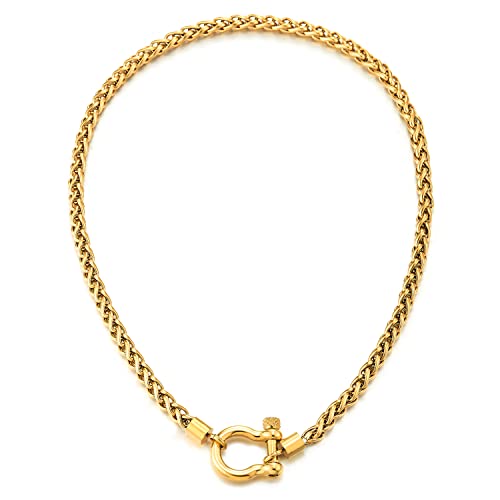 COOLSTEELANDBEYOND Mens Women Steel Gold Color Foxtail Wheat Chain Necklace, Screw Anchor Shackle Nautical Sailor Clasp