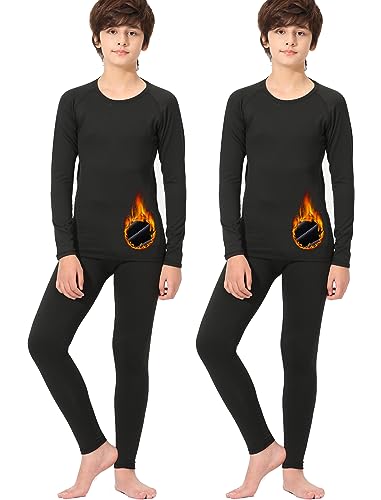 Rolimaka 2 Pack Youth Boys' Thermal Underwear Set Fleece Lined Compression Shirt Leggings Sports Tights Pants Big Kids' Base Layer L