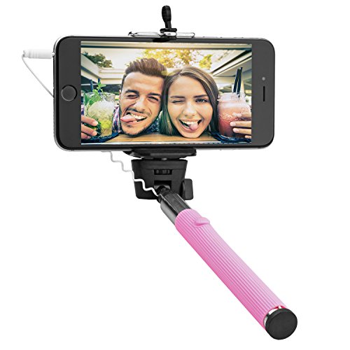 Circuit City Wired Extendable Selfie Stick with Remote Control Handle Extra-Long 42” Extending Monopod with Lanyard Steel Telescoping Phone Holder for iPhone 6, 5, 4, Samsung S6, S5 & More (Pink)