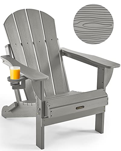 Ciokea Folding Adirondack Chair Wood Texture, Patio Chair Weather Resistant, Plastic Fire Pit Chair with Cup Holder, for Lawn Outdoor Porch Garden Backyard Deck (Grey)