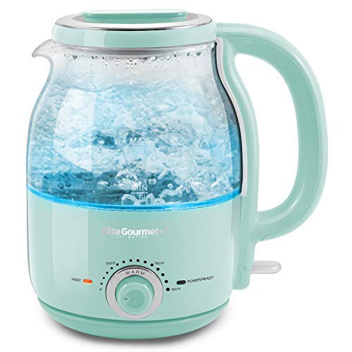 Elite Gourmet EKT1220M 1.2L Electric BPA-Free 1200W Glass Kettle, Temperature Dial Keep Warm Function, Cordless 360° Base, Blue LED Interior, Auto Shut-Off Function – Quick Boil, Mint