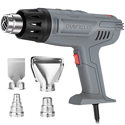 DIAFIELD 1850W Heat Gun 10 Variable Temperature Settings 112℉~1202℉（44℃- 650℃), Fast Heat Hot Air Gun, Durable & Overload Protection, with 4 Nozzels for Shrink Wrap, Vinyl, Crafts, Epoxy Resin(5.9FT)