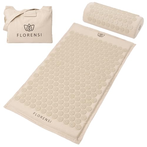 Florensi Acupressure Mat and Pillow Set, 3 Piece Acupuncture Mat Set for Neck and Back Pain Relief, Sciatic & Muscle Tension Relief- 100% Linen Cotton with Over 8000 Durable BPA-Free Spikes