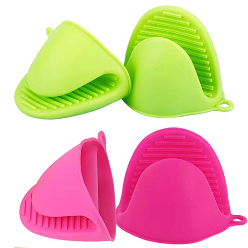 2 Pairs Mini Oven Gloves Silicone Heat Resistant Cooking Pinch Mitts Potholder for Kitchen Cooking & Baking (Green and Rose Red)