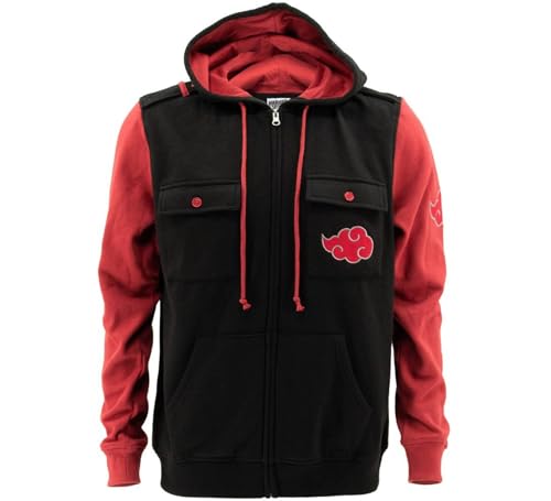 Ripple Junction Naruto Shippuden Men's Full Zip-Up Hooded Sweatshirt Akatsuki Cloud Anime Fleece Hoodie XL Black Red