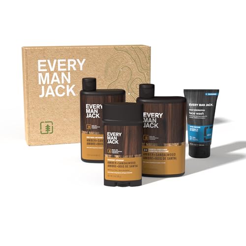 Every Man Jack Men’s Amber + Sandalwood Bath and Body Gift Set - Clean Ingredients & Sandalwood, Amber, and Vetiver scent - Round Out His Routine with Body Wash, 2-in-1 Shampoo, Deodorant & Face Wash