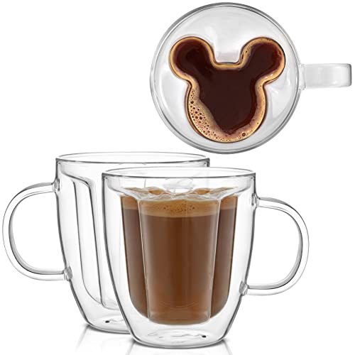 JoyJolt Disney Mickey Mouse 3D Coffee Cups 10oz. Glass Cups Set of 2 Insulated Double Wall Glass Coffee Cups with 3D Design. Insulated Coffee Cup Set. Unique Coffee Mugs, Espresso, and Disney Cups