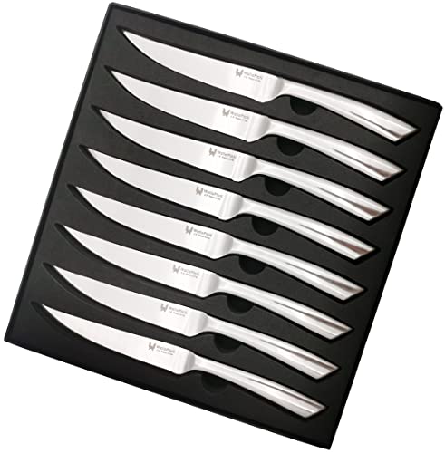 WALLOPTON Steak Knives Set of 8 - High Carbon Stainless Steel, Dishwasher Safe - Polished Blade & Handle, Straight Edge - 4.5'' Kitchen Dinner Table Knife Set Non Serrated