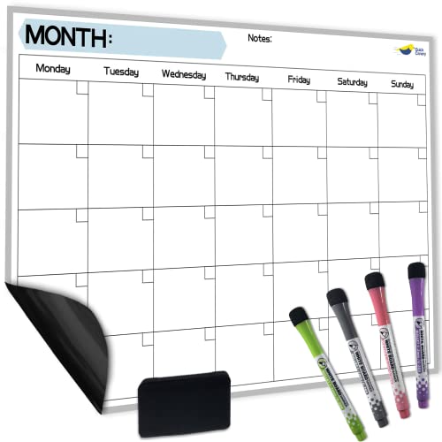 Magnetic Dry Erase Calendar for Refrigerator - 17x12” Monthly Calendar Whiteboard for Fridge - No Stains or Ghosts - White Board Planner - 4 Dry Erase Markers and Large Eraser