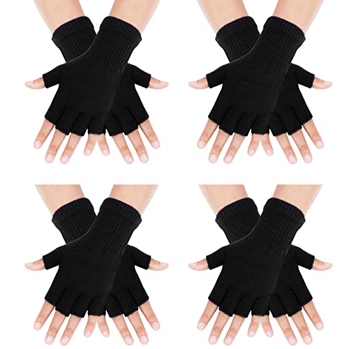 Sumfox 4 Pairs Black Fingerless Gloves for Women Men Unisex Half Finger Gloves Knit Gloves Winter Stretchy Gloves