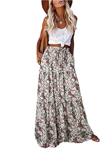 EARKOHA Womens Casual High Waist Tiered Paisley Print Long Maxi Skirt with Pockets White Floral