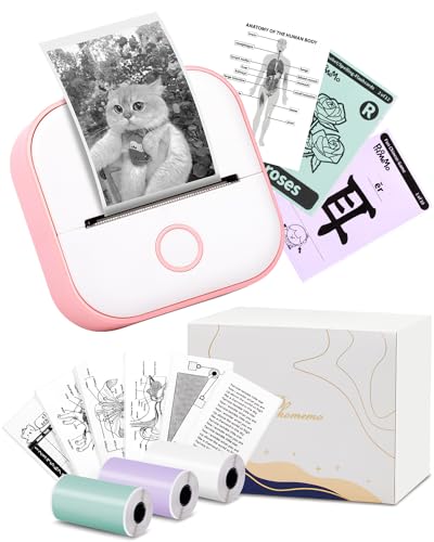 Memoking Mini Sticker Printer - T02 Small Thermal Printer for Phone, Portable Wireless Printer with 3 Rolls Paper for Children’s Day Birthday, Receipts, Compatible with iOS & Android, Pink