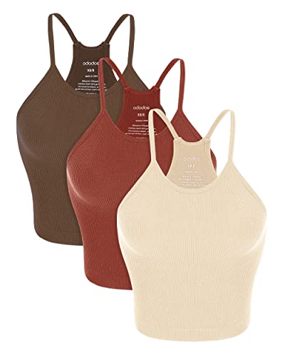 ODODOS Women's 3-Pack Seamless Cami Tops Ribbed Camisole Tank Top, Oatmeal BarnRed Brunette, Medium/Large