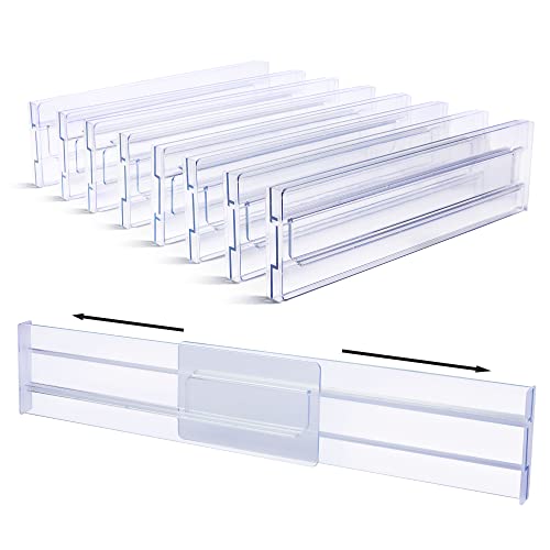 Vtopmart Drawer Dividers Organizers 8 Pack, Adjustable 3.2' High Expandable from 12.2-21.4' Kitchen Drawer Organizer, Clear Plastic Drawers Separators for Clothing, Installed by Double-sided Tape