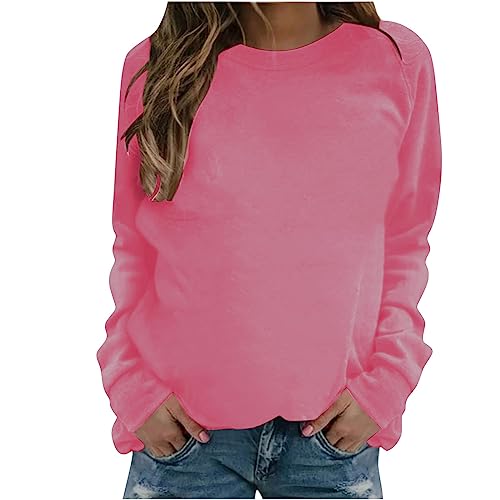 DOLKFU lightening deals crew neck sweatshirts women Women's Crewneck Casual Long Sleeve Sweatshirts Solid Color Pullover Tops 2023 Fall Fashion Sweatshirt Hot Pink L