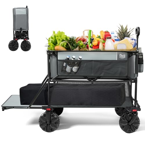 TIMBER RIDGE 400L Large Capacity Folding Double Decker Wagon, 54' Extra Long Extender Wagon Cart, 450lbs Heavy Duty Collapsible Wagon, All-Terrain Big Wheels for Camping, Sports, Shopping, Gray