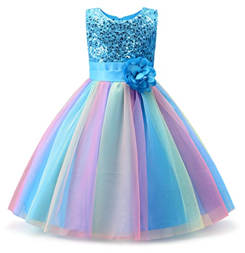 Uhnice Little Girl's Sequin Sleeveless Mesh Rainbow Dress for Wedding Party (7 Years, Blue)